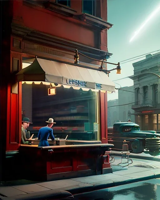 Scene, realistic image, Edward Hopper style, retro futuristic, concept art, smooth, unreal engine 5, god lights, ray tracing, RTX, lumen lighting, ultra detail, volumetric lighting, 3d.