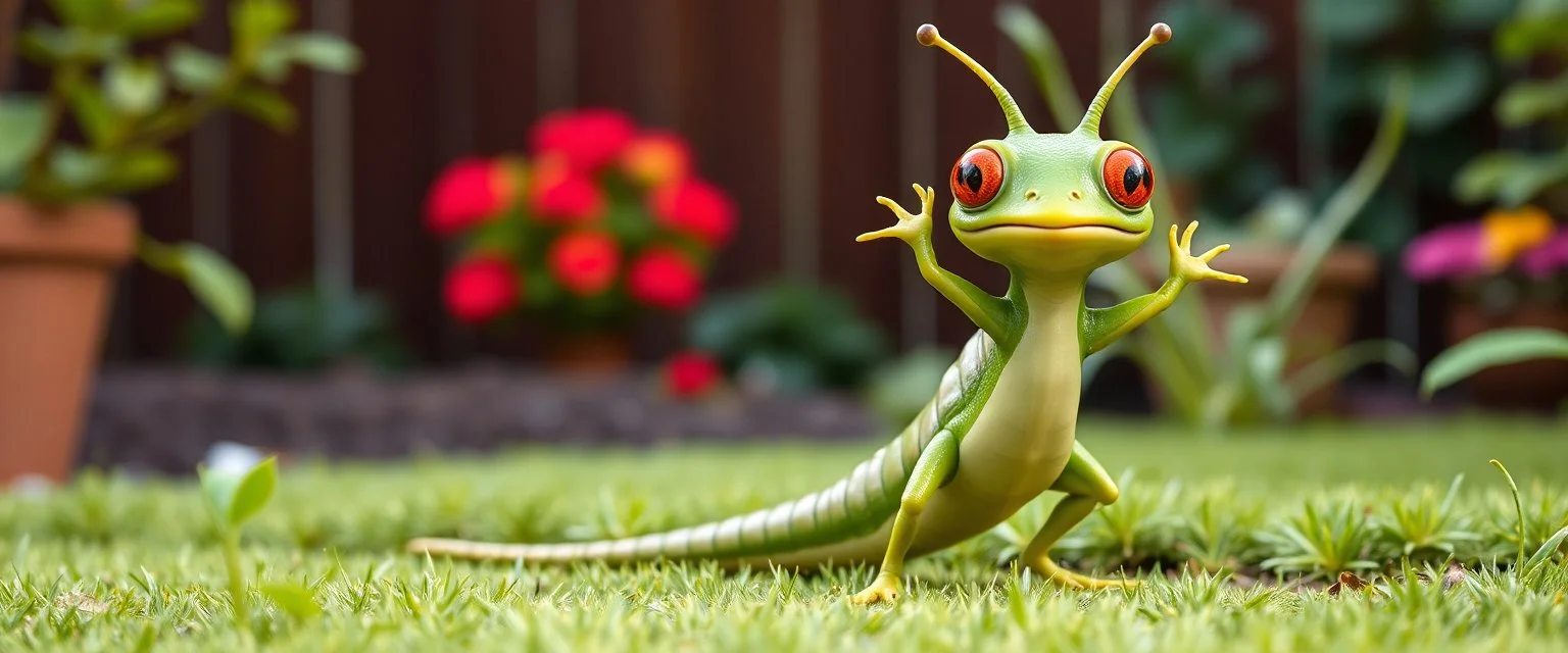 totally symmetric gremlin slug nice cheerleader in garden doing her thing full body portrait T-pose