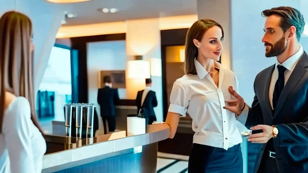 creepy man flirting with insulted female hostess at entrance of exclusive airport lounge