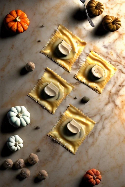 Cooking photo of Raviolis with truffle and pumpkin, olive oil, moisture, art, natural, ornaments, ceramic, marble, high kitchen, smooth, god rays, unreal engine 5, ray tracing, RTX, lumen lighting, ultra detail, volumetric lighting, 3d.