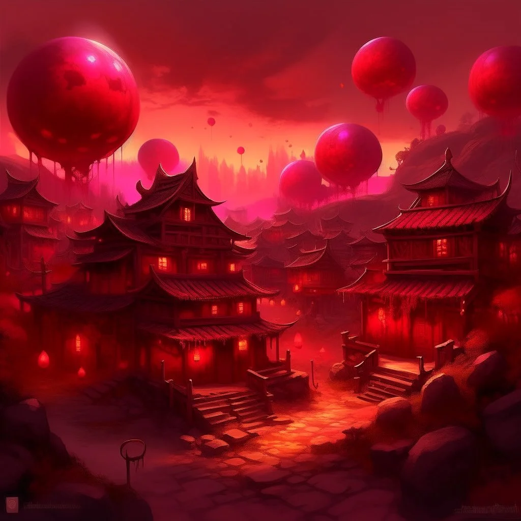 A dark reddish magenta oriental village with fiery orbs painted by Zosan
