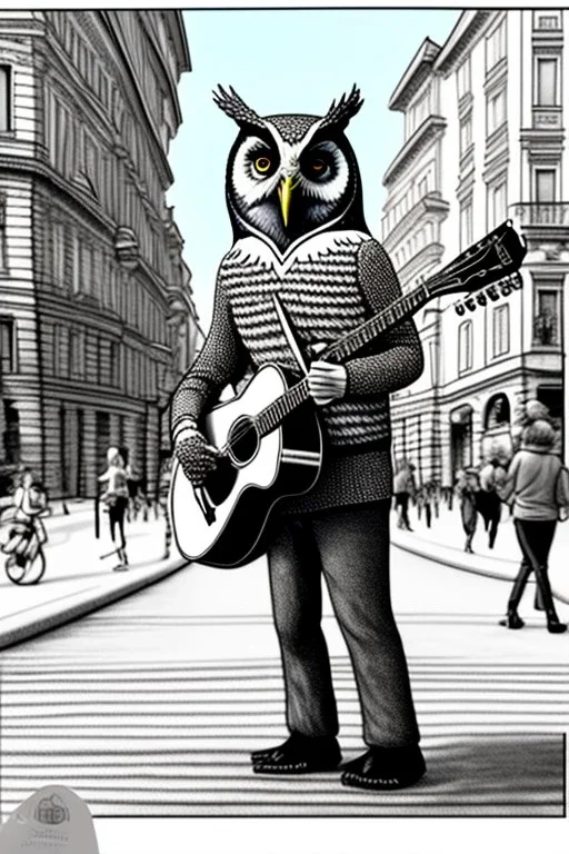 One single mature owl, playing guitar in the street , Vienna, smiling, sunny day, model style, hyper realistic, extremely accurate, delicate, extremely detailed, Graphic novel style, wide-angle, open aperture, superfine pencil