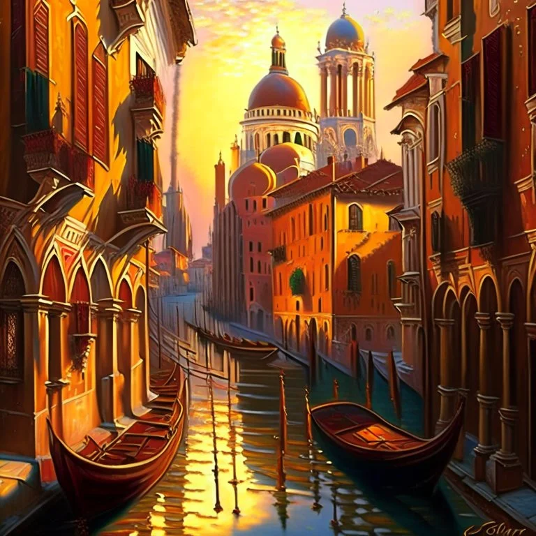 A realistic oil painting of medieval Venice, with intricate details of the architecture and streets, painted in the style of Jan van Eyck and Paul Cézanne, (long shot), warm golden lighting, vibrant colors, historical accuracy.