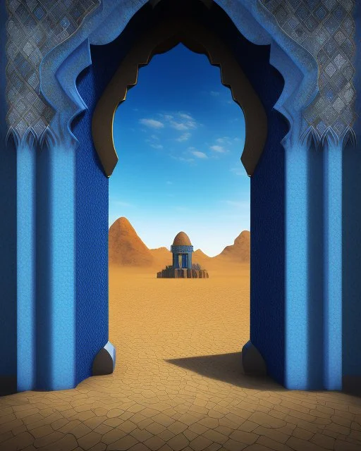 A gothic_arab gate in a blue tiled wall with a view of a desert landscape