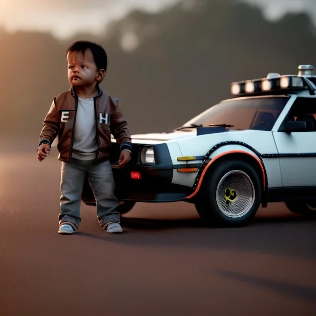 dwayne jhonson toddler, full body, delorean, dramatic lighting, hyper realistic