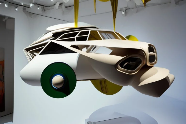 flying car sculpture hangin from ceing in white gallery in the style of Eileen Agar