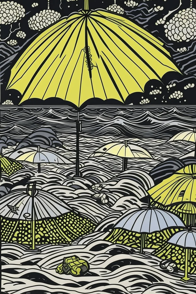 A dark gray otherworldly coast with umbrellas in Yamato-e art style painted by Roy Lichtenstein