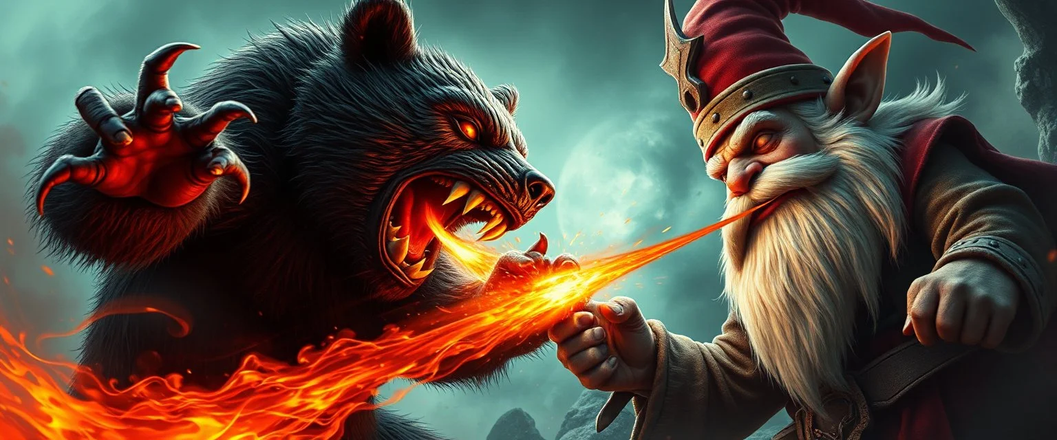 epic movie poster, fire drop bear vampire grabbed by throat vs gnome goblin rock priest, fish eye lense