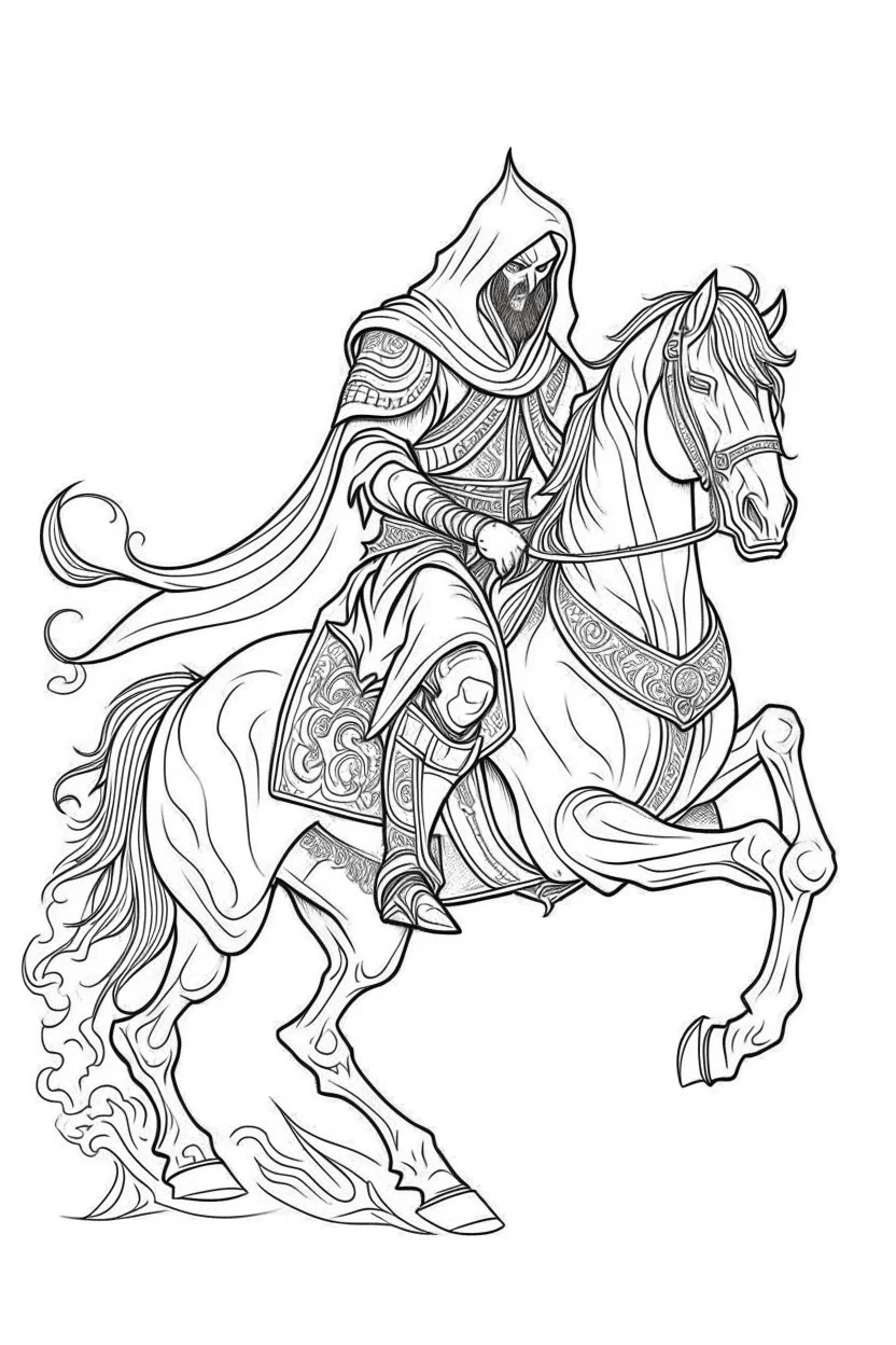 The headless horseman. Outline, sketch style, only use outline, mandala style, clean line art, white background, no shadows, no clear wall, coloring page.