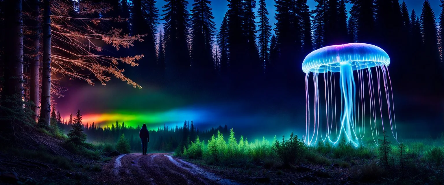 Bigfoot investigating, closeup, giant bio luminous Rainbow floating high JellyFish, light floating in a forest, mist, light trails, nighttime, long exposure, Treeline, Alberta, scientist, Dystopian, Hyper detailed, Realistic, Extreme depth of field, bokeh blur, Alberta all-natural, National Geographic, in the style of candid, imperfection, natural lighting, cinematic, Fuji Film, Anamorphic lens, 2040s, --ar 4:5 --w 150 --style ra