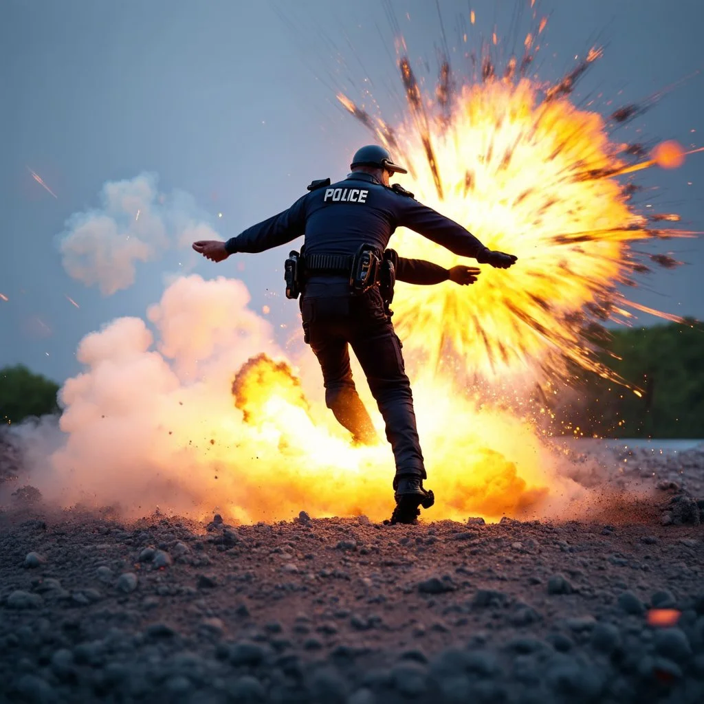 mounatins, dolphin police stunt man explosion and fall, smoke and blitz, bokeh like f/0.8, tilt-shift lens 8k, high detail, smooth render, down-light, unreal engine, prize winning