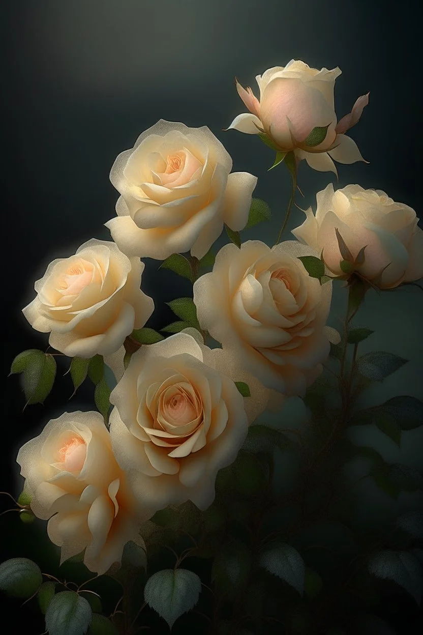 A bush of delicate tea roses of dark cream color, the plant is ultra-detailed, rain, beautiful landscape, fog, many details, delicate sensuality, realistic, high quality, 3d, hyperdetalization, filigree, hazy haze, hyperrealism, professional, transparent, delicate pastel tones, back illumination, contrast, fantastic, unreal, translucent, glowing, clear lines, epic fabulous, fabulous landscape, hyperrealism