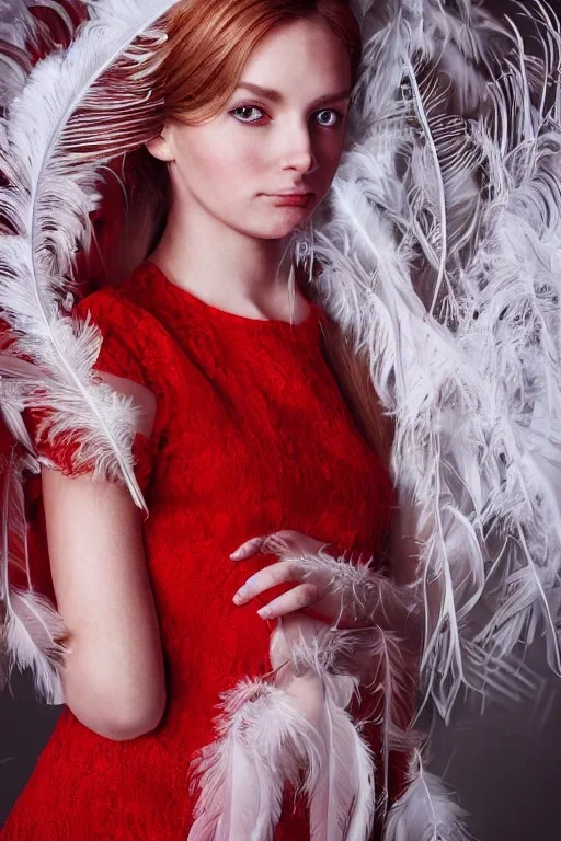 A beautiful portrait of a young German woman, red color scheme, high key lighting, volumetric light high details with white stripes and feathers