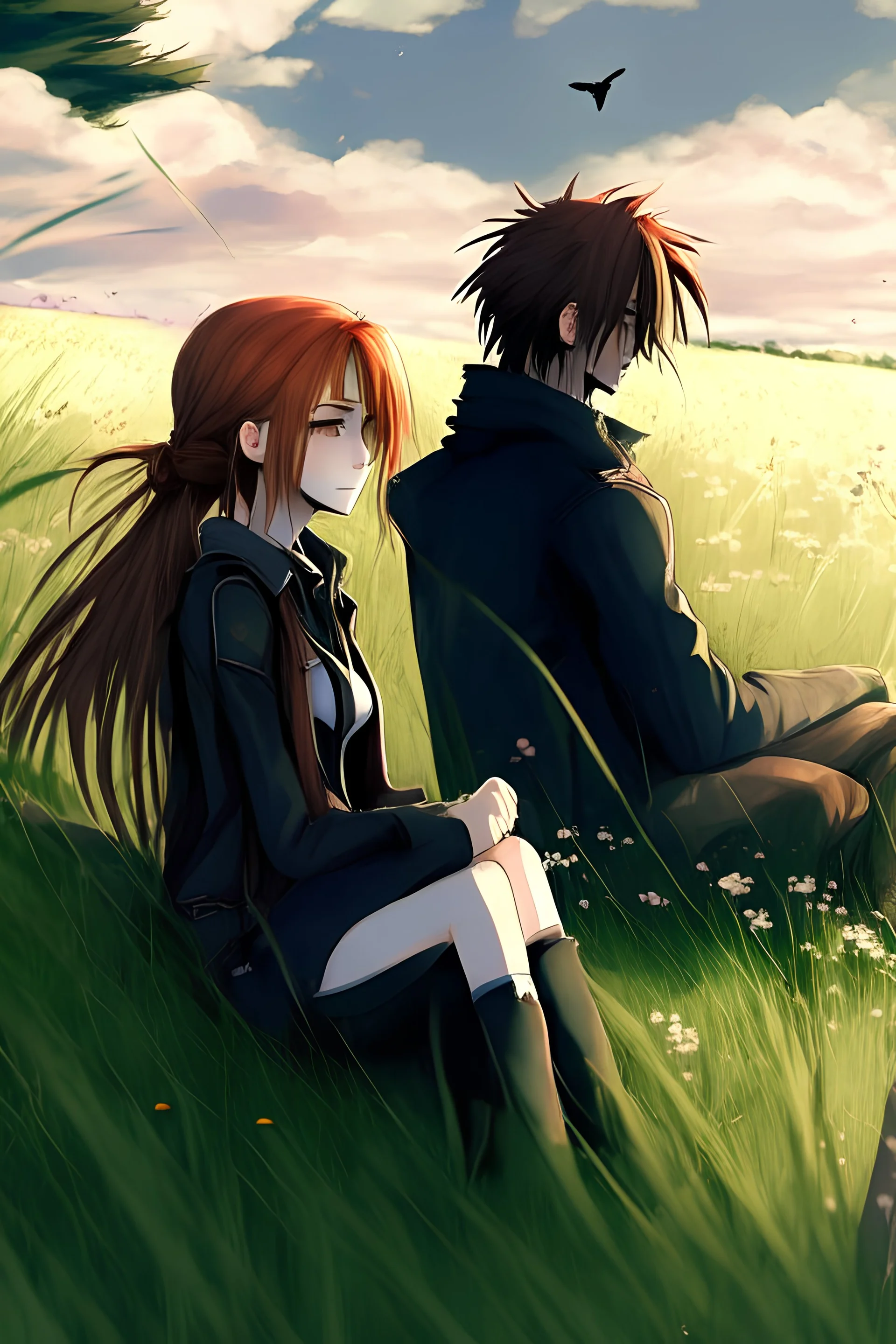 Bella and Edward seating Ian the meadow, in HD resolution, anime style, realistic