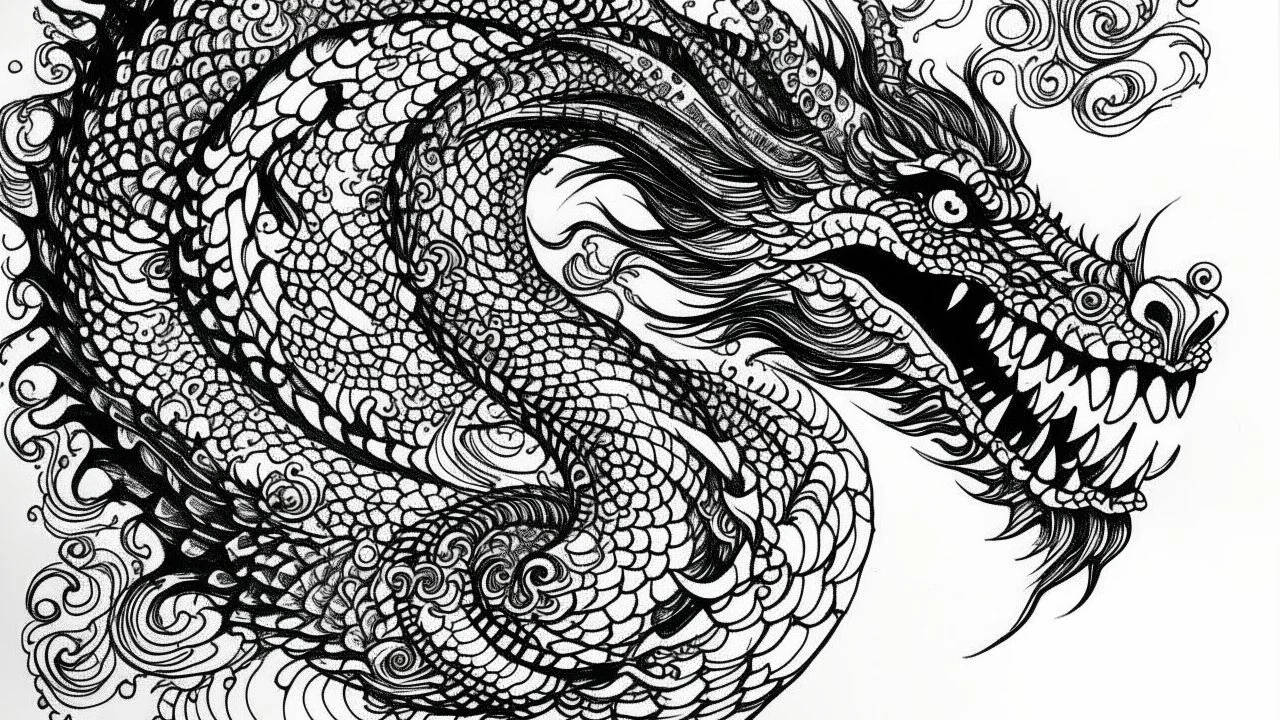 "A dynamic ink drawing of a fierce dragon, with intricate patterns and a sense of movement captured in every stroke."