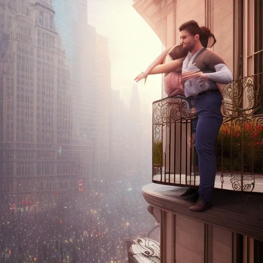 a man pushing a woman over a balcony, downtown new york, dramatic, dramatic lighting, volumetric lighting, hyperrealism, 8k, high quality, photorealistic, lot of details