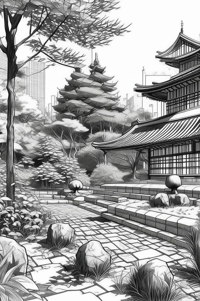 Tokyo garden in autumn abstract pencil black and white STYLE OF HIROKU OGAI