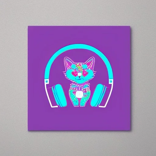 die cut sticker of cute cyber animal with headphones, 2D, flat illustration by bryen frost, cyberpunk, minimal, vector style