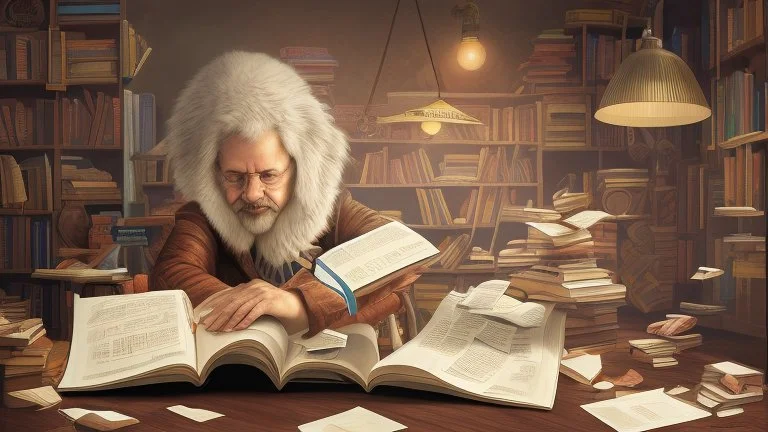 Description of the image: An image representing a person engaged in focused reading and learning, with books and articles spread out in front of them, symbolizing dedication to continuous learning and self-improvement.