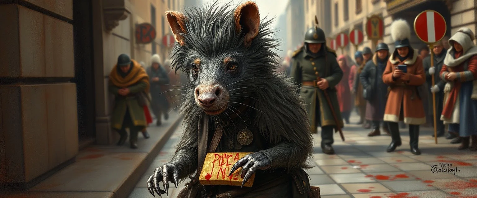 portrait of a hairy rock star wererat, fantasy art, style of Rembrandt,Dead drop discovery: While walking, a party member stumbles upon a small, blood-stained package hidden in a gutter. It contains a coded message to a cult of the Dead Three. 9-10 Parade of the Patriars: A noble's procession blocks the street. The crowd is forced to bow, and guards roughly shove anyone who doesn't move quickly enough.
