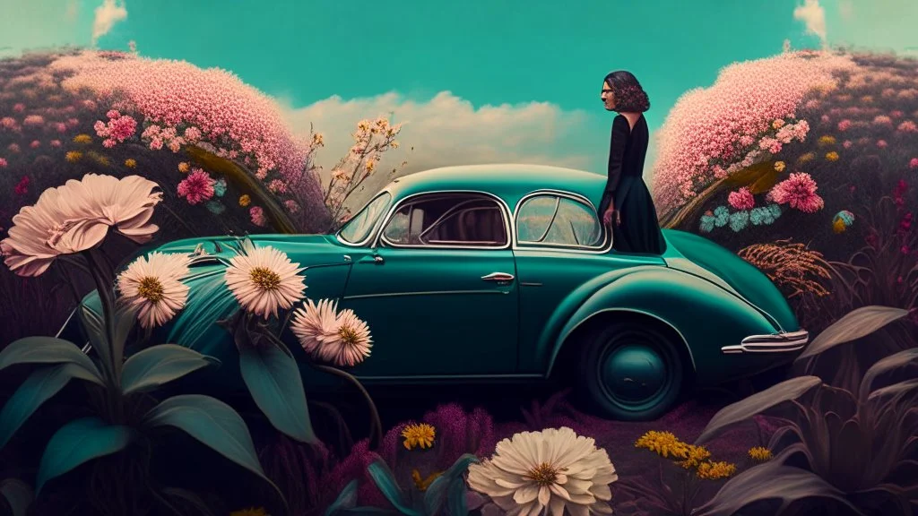 A mysterious place, a classic car, two women, among flowers