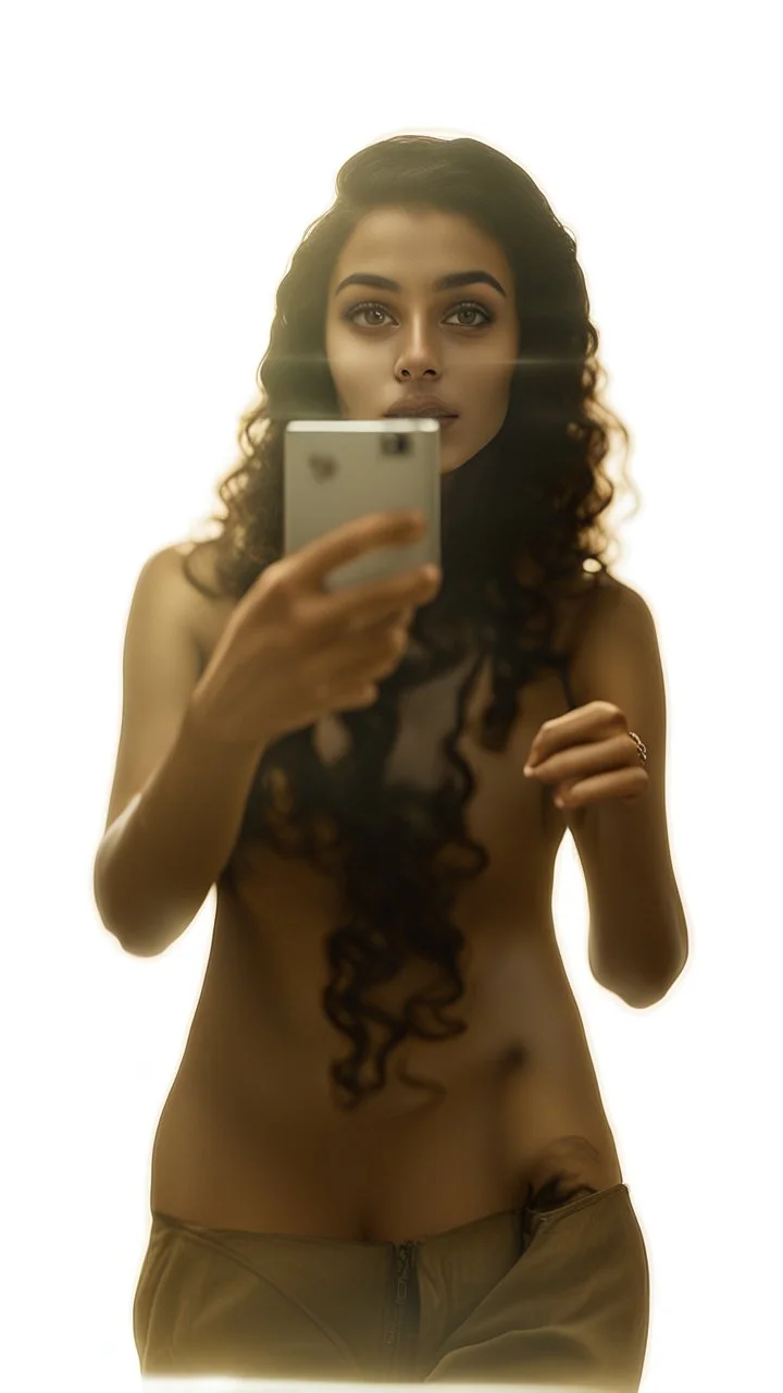 A realistic selfie-style self-portrait of a confident influencer aged arab18-37 in an urban setting, dressed in trendy sportswear or beachwear to showcase her slender figure. Her creative curly black hair shines under softbox lighting accentuating her flawless skin. The vintage camera shot with a macro lens introduces a charming bokeh effect. Every detail, from her complexion to body contour, is outlined for a high-quality image –ar 4:5 –testp –upbeta –octane.