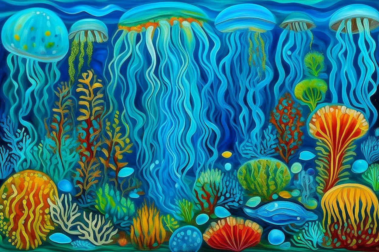 A blue underwater reef with electric jellyfish designed in Australian aboriginal art painted by Alexej von Jawlensky