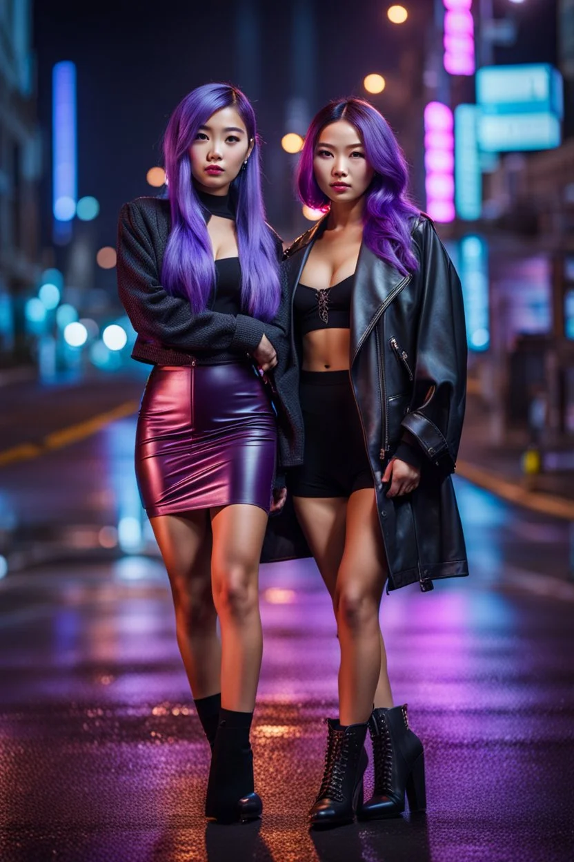 realistic photo from A stunning night scene featuring two Asian women with purple hair standing close to each other posing on the street at night . A cyber city street visible in the background. high detailed, night lights, sharp focus, blur background