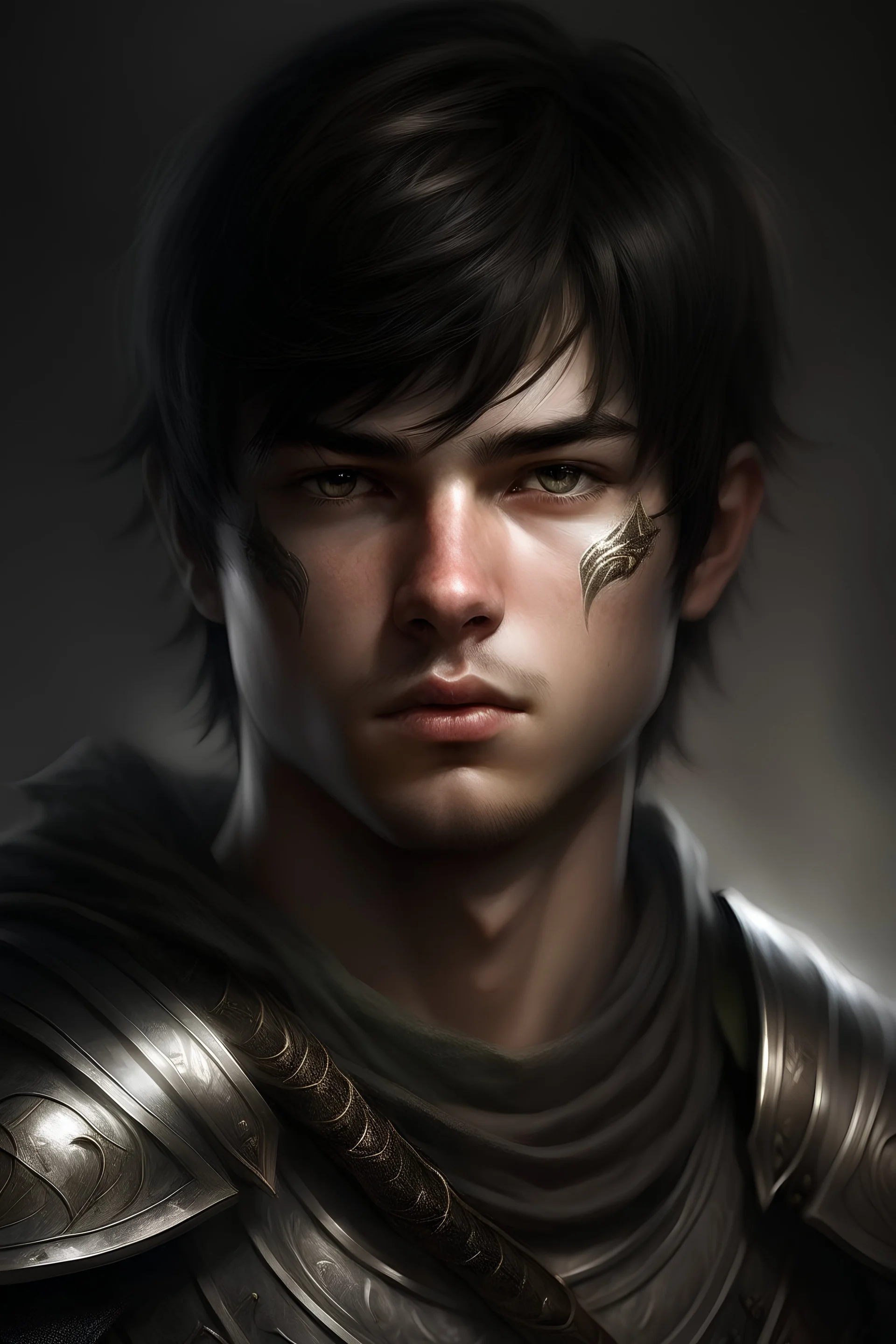 Ein Fantasy Porträt von einem jungen Krieger mit kurzen, dunklen Haaren und silbernen Augen. Er hat ein eckiges Gesicht.