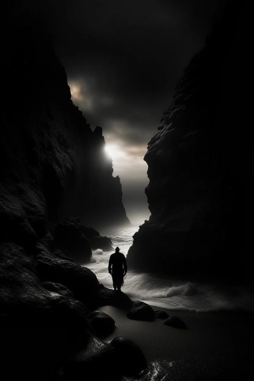In the abyssal depths of the ocean, darkness reigns supreme, aswallowing light and casting an eerie gloom. Jagged rocks jut ominously, shadows dancing with a dark hooded man standing , shapes glide, eyes gleaming in the murky depths. Distant rumblings and creaking sounds fill the water, sending shivers. In this desolate underworld, fear of the unknown pervades every corner, where the slightest movement evokes terror. It's a realm where nightmares manifest, and the deep, unfathomable expans