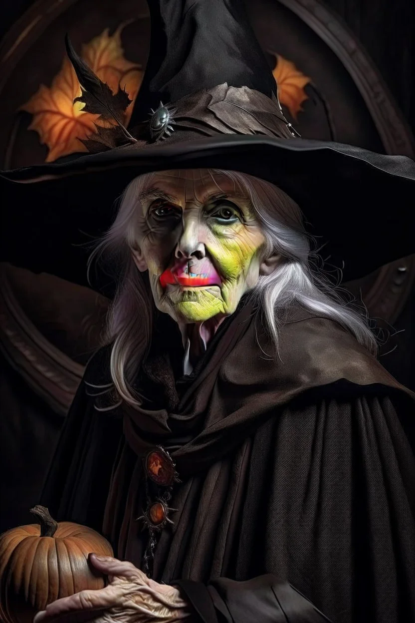 Old White-haired Witchery Witch in her pointed hat ready for the Coven in rusty autumn leaves and silver cobwebs. with burnished browns and abyss black.