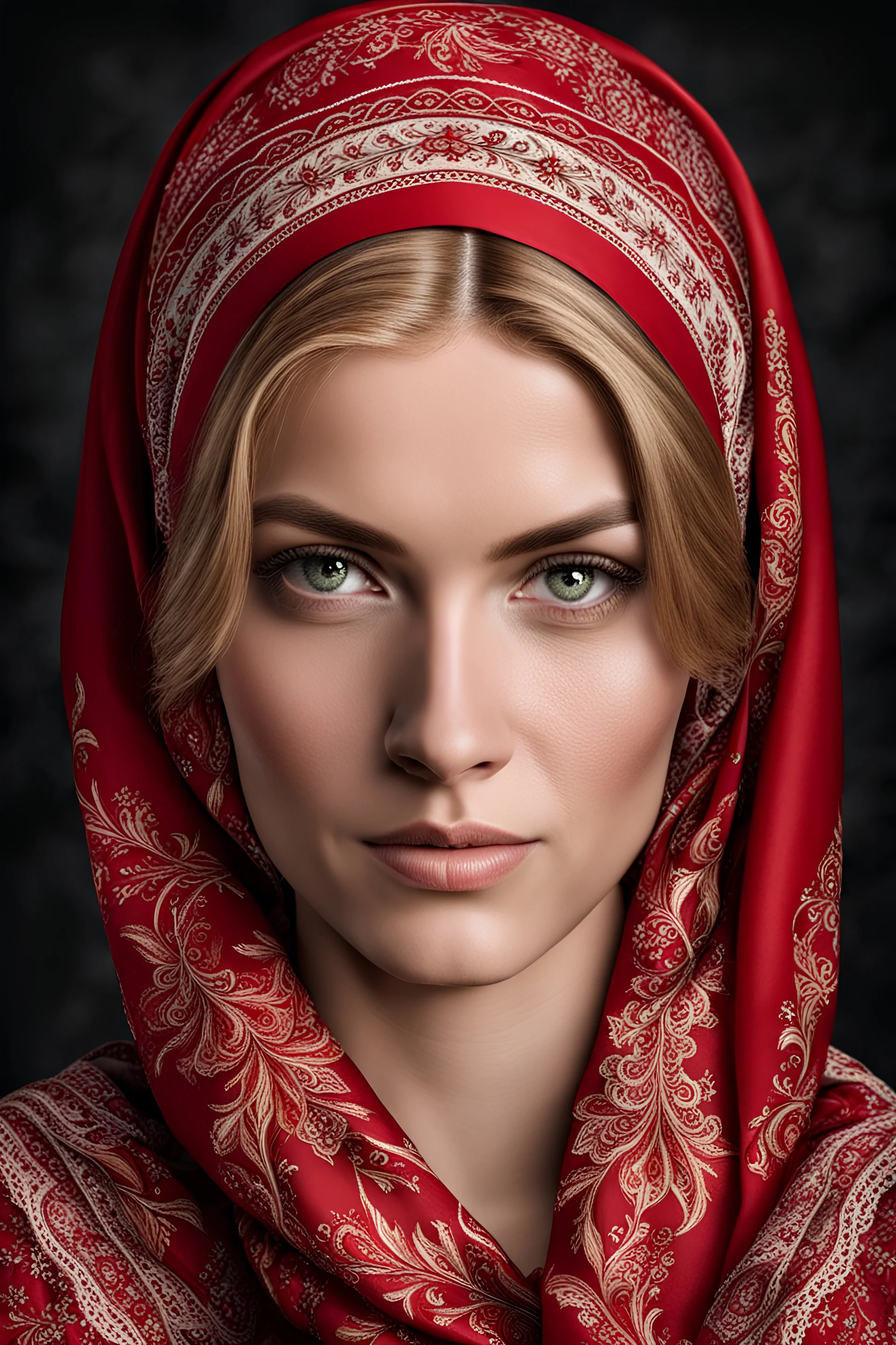 portrait a dark blonde young married woman in authentic Hungarian sárköz folk red woman headscarf , look at the camera, high realistic, high qulity, detailed, sad, beauty, perfect photo