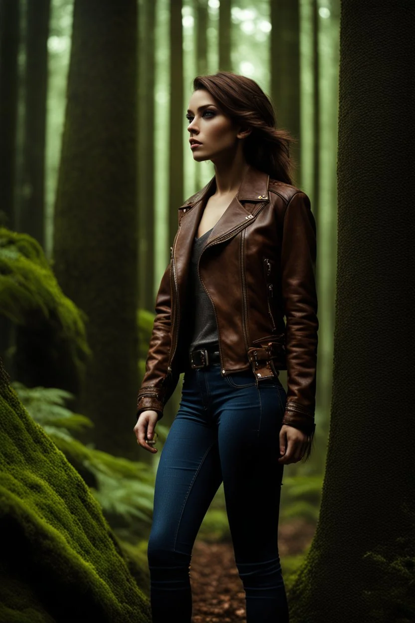 20 year old female tracker, mousey brown hair wearing jeans and a leather jacket, modern fantasy, in a forest