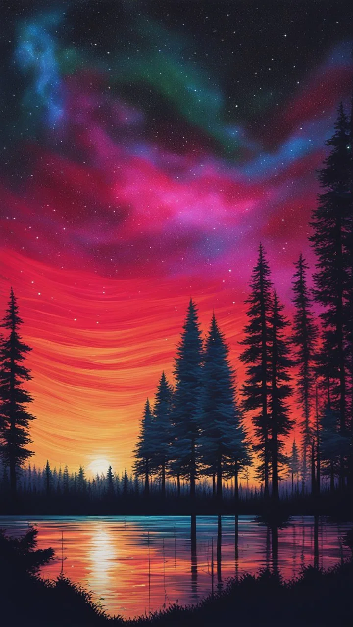 a painting of a night sky with stars and trees, colorful night sky, stary night painting, magical forest backround, cosmic night background, vibrant painting, atmospheric dreamscape painting, night sky background, colorful painting, northern lights background, colorful stars, beautiful color art!, vivid painting, dream scenery art, anato finnstark and alena aenami