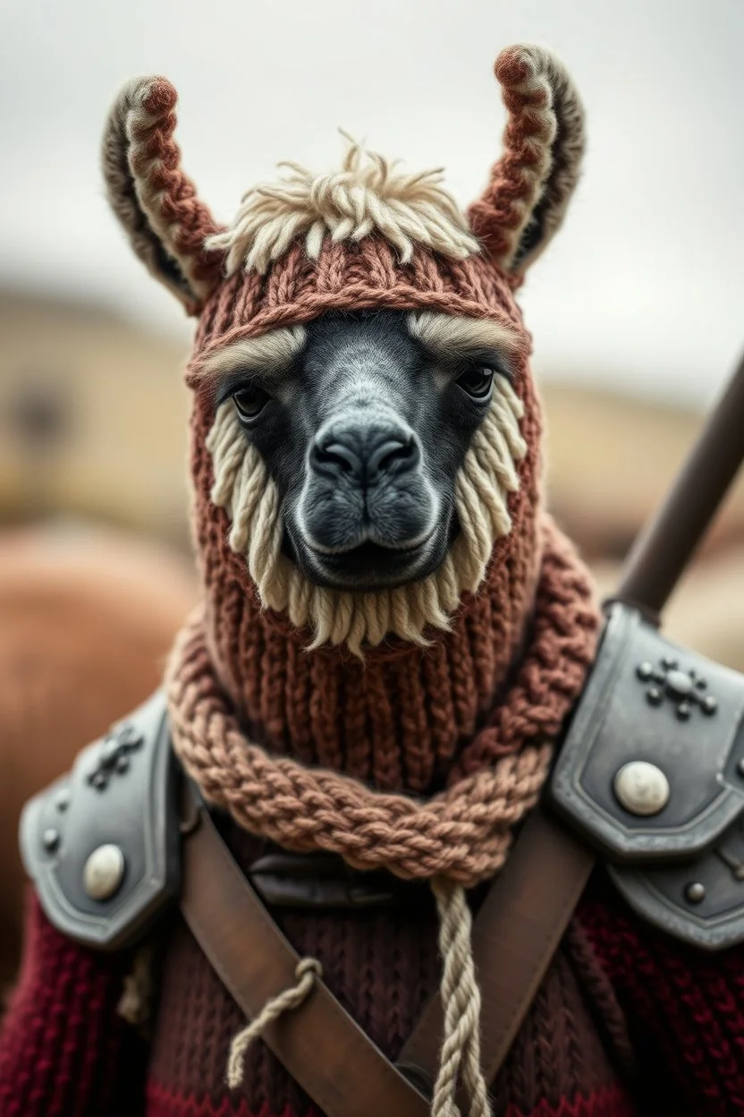 Knitted lama thief in full armour. Close up portrait. Afraid to fail, afraid to dive within. But still smiling.