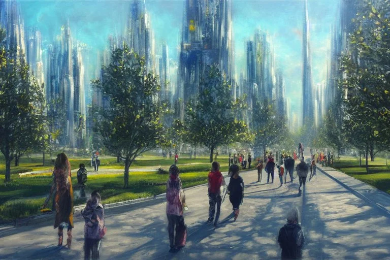 Futuristic city, sunny day, trees, people, sci-fi, epic, philip wilson steer influence, hd, realistic painting