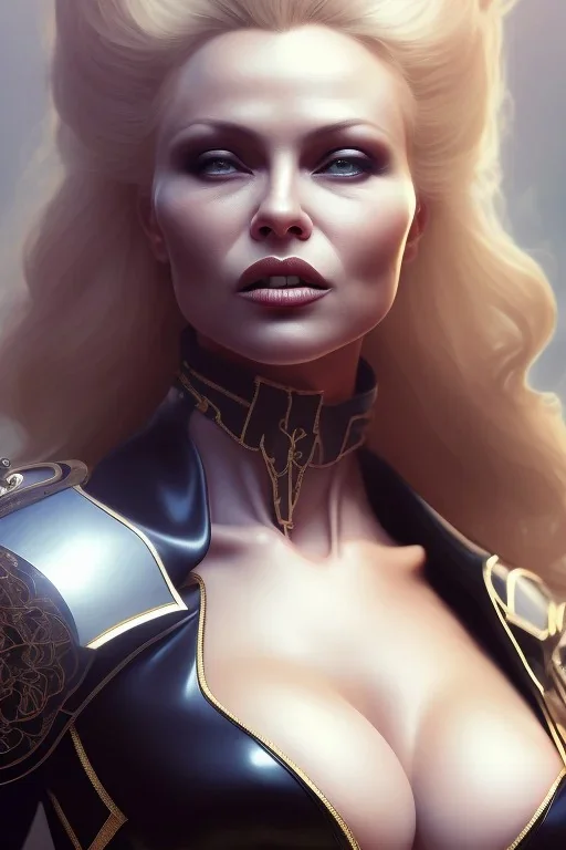 Pamela Anderson as evil queen in black leather, leather, busty, cleavage, angry, stern look. character design by cory loftis, fenghua zhong, ryohei hase, ismail inceoglu and ruan jia. unreal engine 5, artistic lighting, highly detailed, photorealistic, fantasy