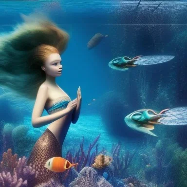 photo of an extremely cute sadie sink as mermaid swimming an alien habitable underwater planet, coral reefs, dream-like atmosphere, water, plants, peaceful, serenity, calm ocean, tansparent water, reefs, fish, coral, inner peace, awareness, silence, nature, evolution