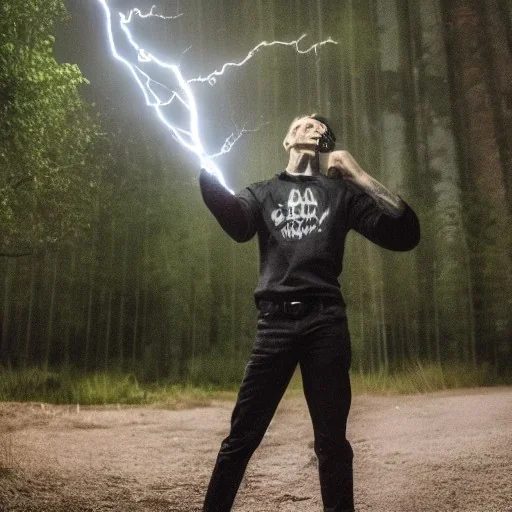 Homem de roupas pretas atirando raios contra esqueleto gigante