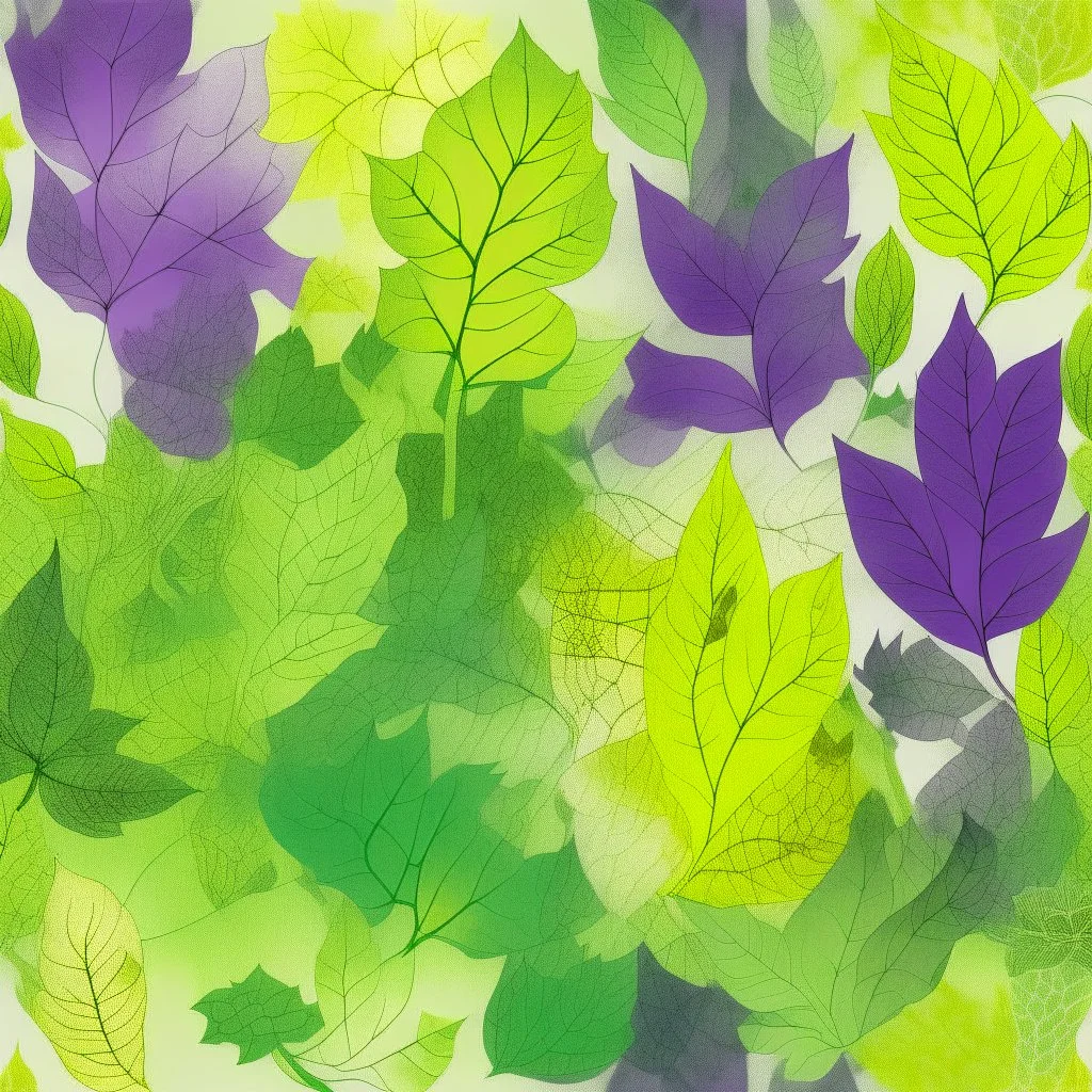 An abstract microscopic serigraphy of leaves' texture. Image is almost white with subtle gradients. Colors are light green, deep purple and yellow. Heavy grain texture and aquatic look.