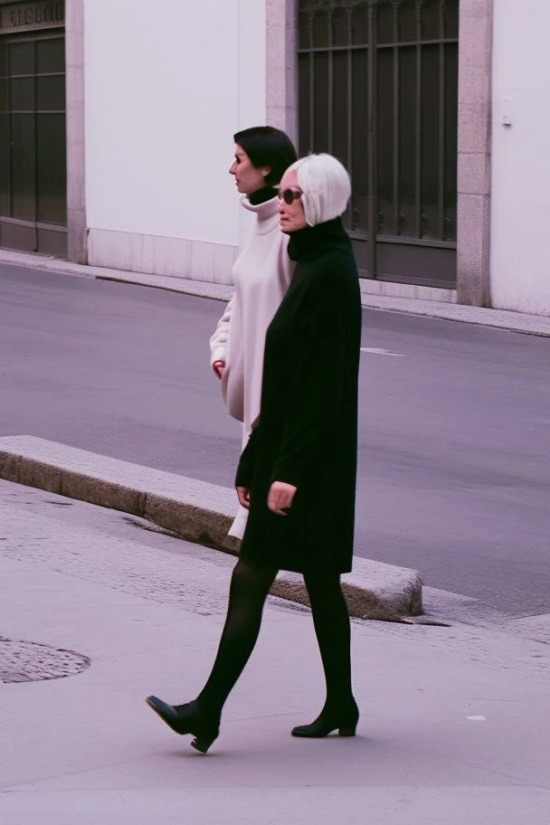 mujeres de 35 años caminando por una céntrica calle de una ciudad española, visten ropa de segunda mano, jersey de cuello alto, es la moda y es tendencia, fotografía real, de cara a la cámara