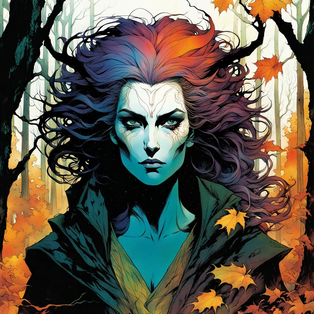 create a wildly conceptual print illustration of a feral sorceress with highly detailed hair and feminine facial features, in an ethereal, otherworldly ,ancient autumn forest , in the comic book art style of Bill Sienkiewicz, Mike Mignola, Sparth, and Jean Giraud Moebius, finely drawn, colored, and inked, suffused with dramatic natural light and shadow of sunset