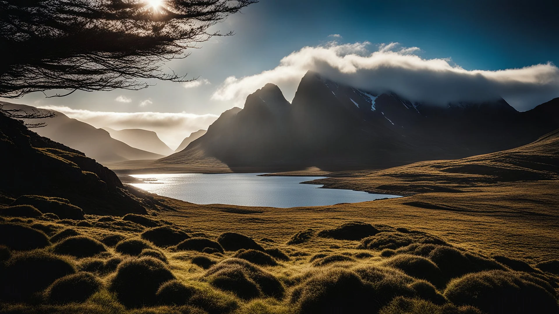 Mountainous landscape on Kerguelen, dramatic sunlight, chiaroscuro, beautiful composition, award-winning photograph