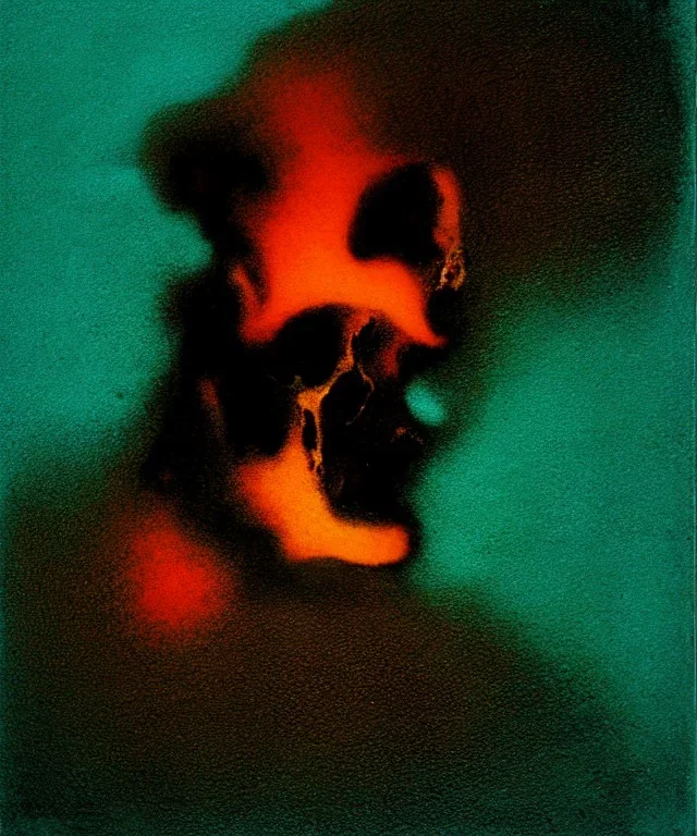 broken skull. black background. smoke and explode. particles in air. teal and orange. abstract. beksinski.