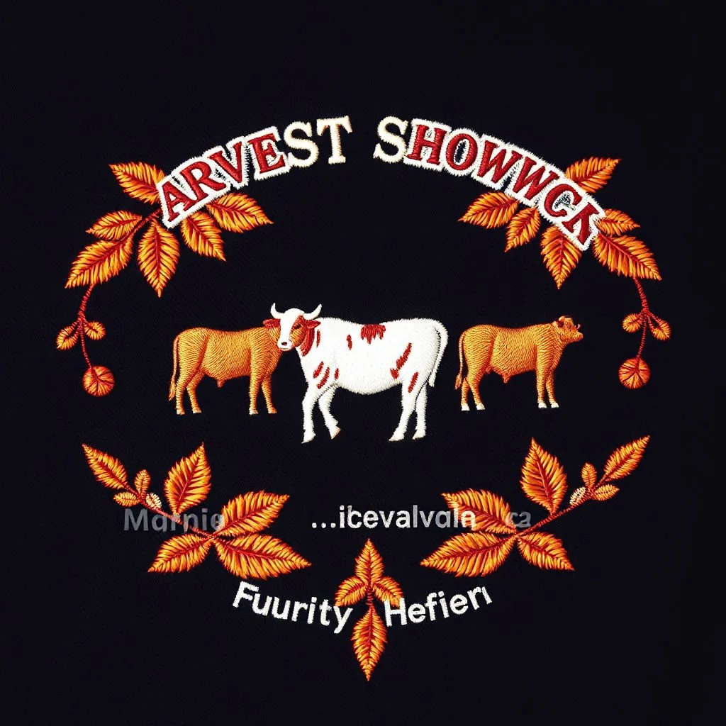 an autumn colored textured cloth embroidered ornamental leaves and cattle, pointed bottom, on dark background, embroidered text across top "HARVEST SHOWDOWN" block text, below is more embroidered text "Heartland Livestock Services" ," Futurity Heifer Show", Canadian western cowboy style