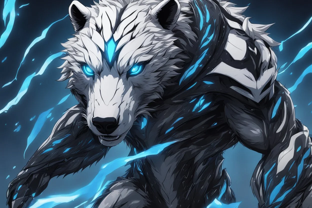 white bear in 8k solo leveling shadow artstyle, symbiote them, blue ice and thunder, neon effect, blue thunder, full body, apocalypse, intricate details, highly detailed, high details, detailed portrait, masterpiece,ultra detailed, ultra quality