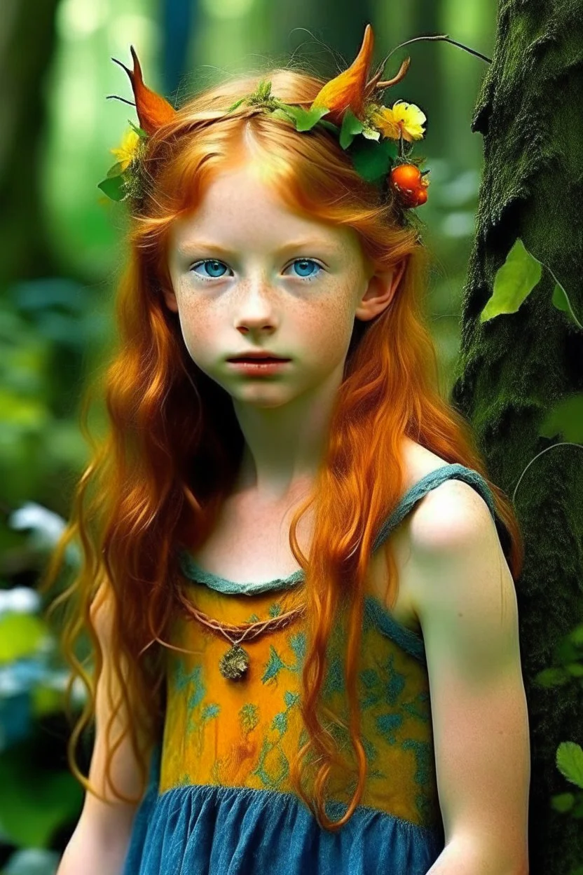 pretty girl, aged 13, ginger, conventionally attractive, realism, dreamy, tight top, bright clothes, full length, faun, satyr, child