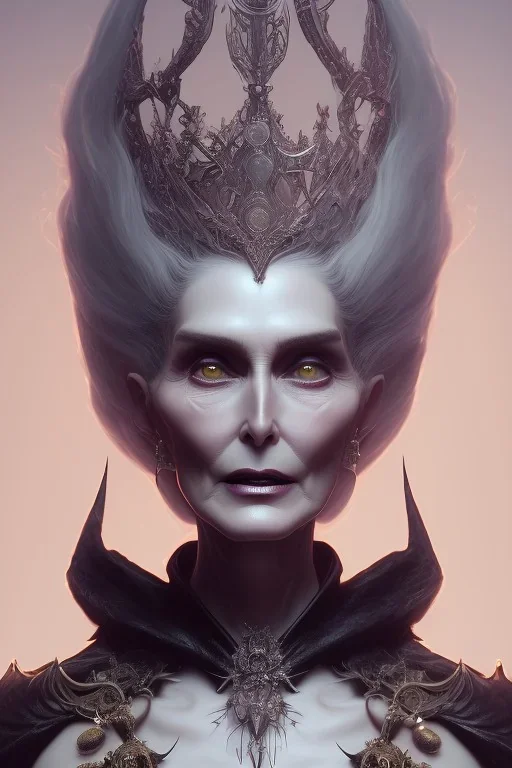 Carmen Dell`orifice as evil queen in black leather, leather, busty, cleavage, angry, stern look. character design by cory loftis, fenghua zhong, ryohei hase, ismail inceoglu and ruan jia. unreal engine 5, artistic lighting, highly detailed, photorealistic, fantasy