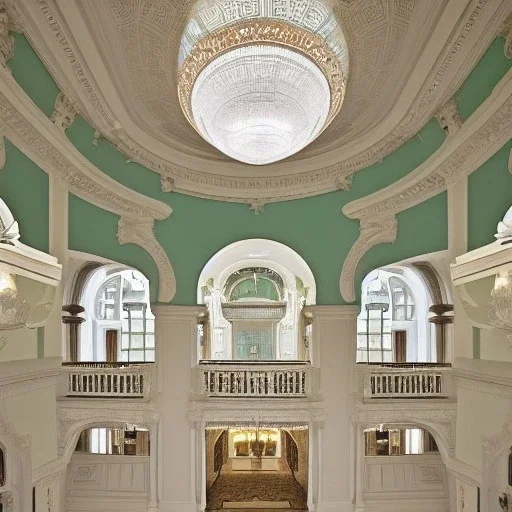 opulent and luxurious pale seafoam and white color mediterranean revival style hall; view from the huge central hall looking up at the building