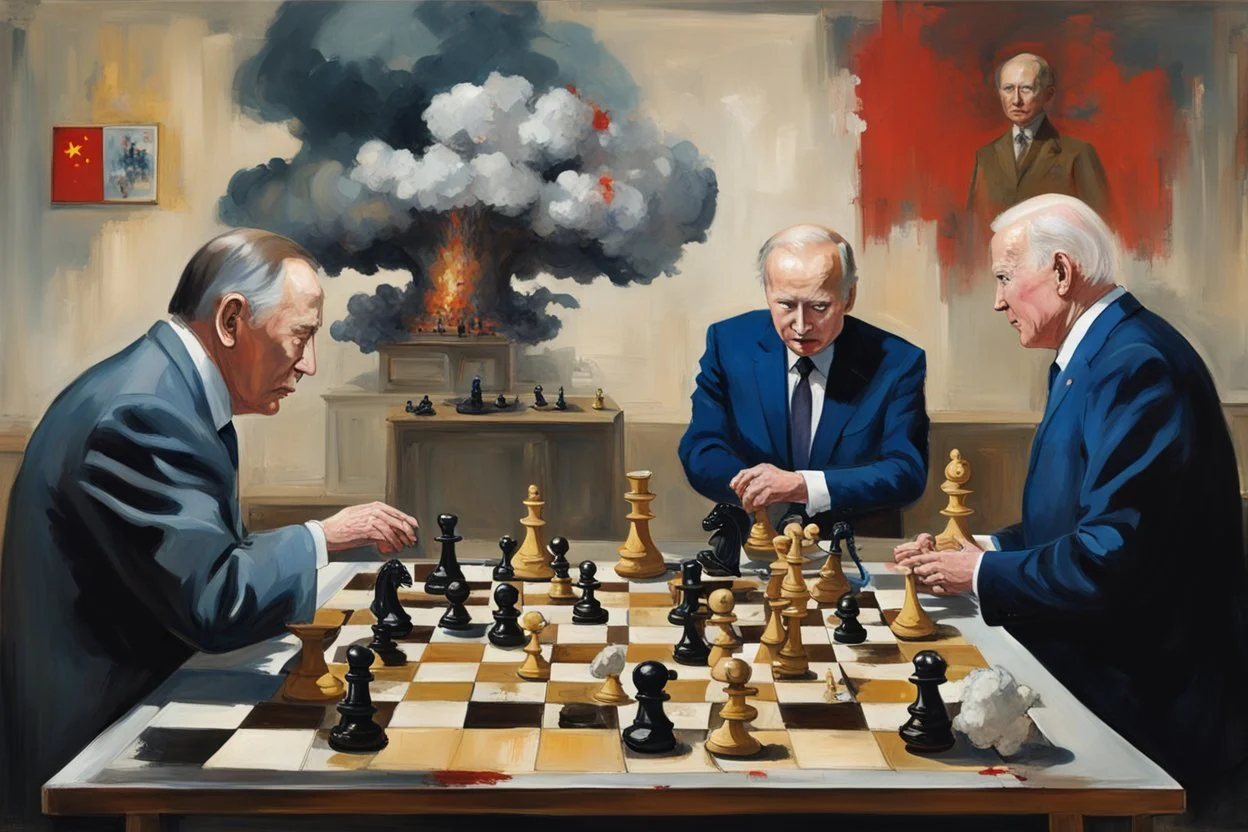 Putin, President Xi Of China And Joe Biden Play Chess With Atomic Bomb Mushroom Cloud,Complex Surgical Instruments Intermixed With A Newborn Boy,Minimalism,Painting By Adrian Ghenie,Rene Magritte,Pablo Picasso,Michelangelo,Salvador Dali,Lucian Freud